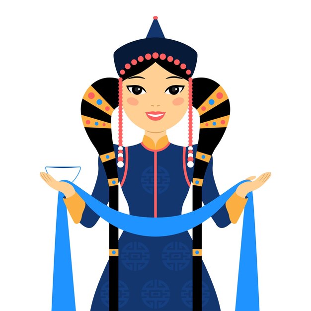 Vector the beautiful mongolian woman in the national dress holding the blue ribbon and the white bowl