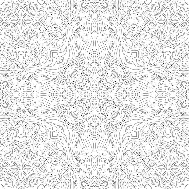 Beautiful monochrome linear vector illustration for adult coloring book page with abstract ornate tribal seamless pattern with swords on the white background