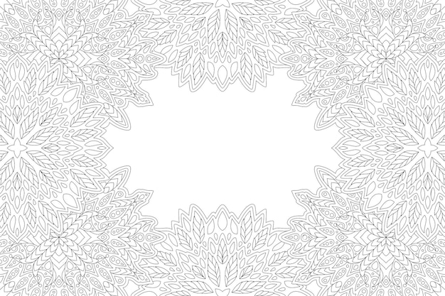 Beautiful monochrome linear vector illustration for adult coloring book page with abstract rectangle floral border and white copy space