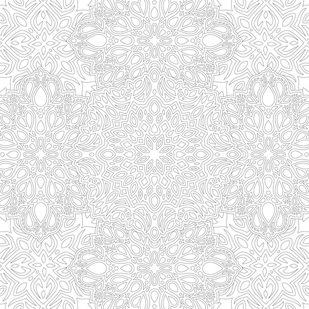 Beautiful monochrome linear vector illustration for adult coloring book with abstract ornate seamless pattern on the white background