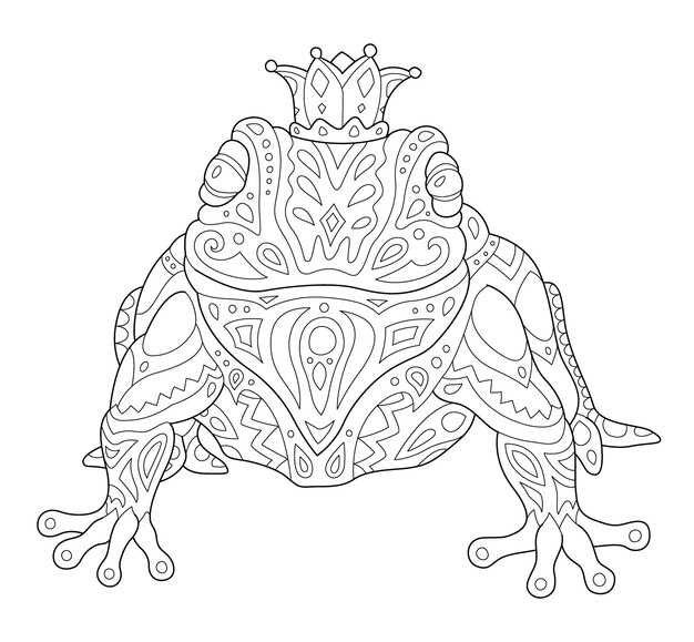 Beautiful monochrome linear vector illustration for coloring book page with stylized crowned frog isolated on the white background