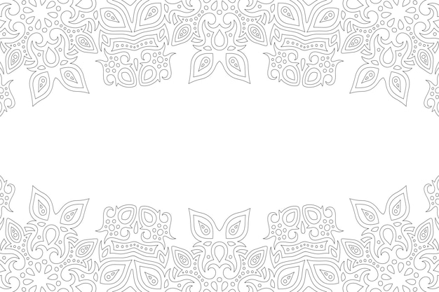 Beautiful monochrome vector illustration for adult coloring book page with abstract linear oriental border and white copy space