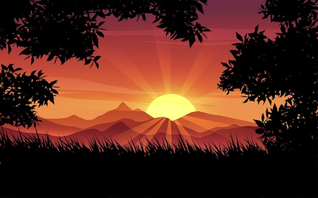 Beautiful morning sunrise landscape with mountains silhouette of trees and grass