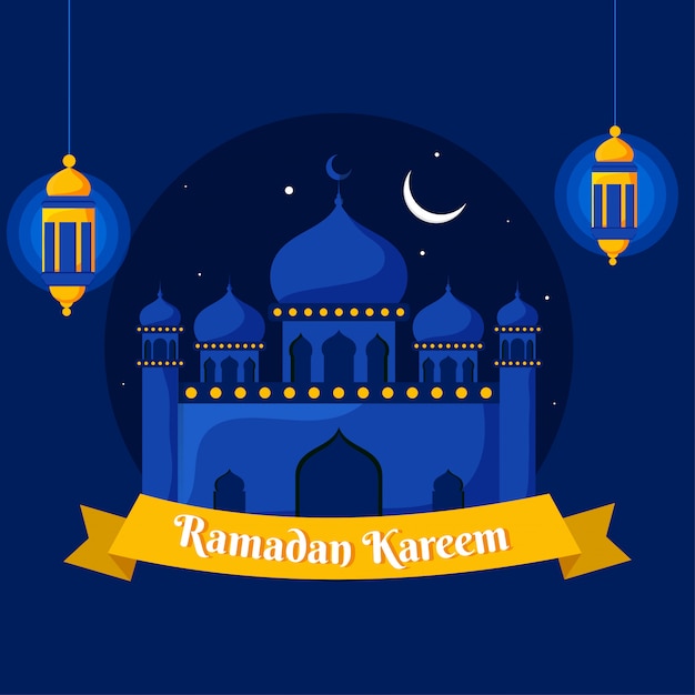 Beautiful Mosque and Hanging Illuminated Lanterns on Blue Background. Ramadan Kareem Concept.