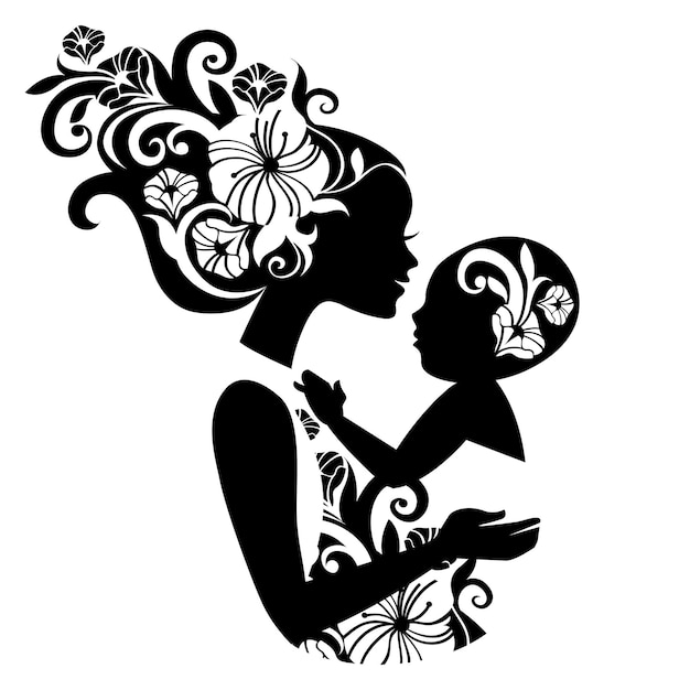 Beautiful mother silhouette with baby in a sling. Floral illustration