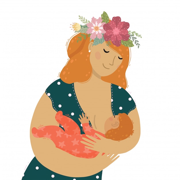 A beautiful mother with flowers in hair breastfeeding her baby child. 