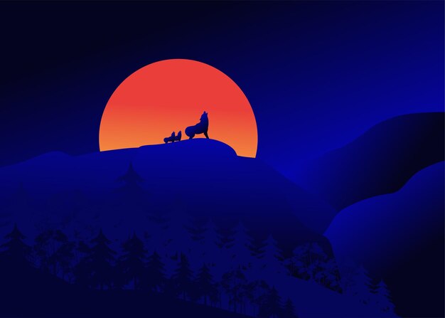 Vector beautiful mountain background landscape during night time with a wolf howling in front of the big moon