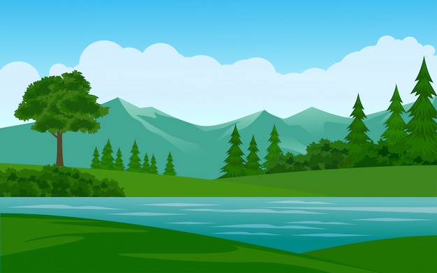 Beautiful mountain illustration with river