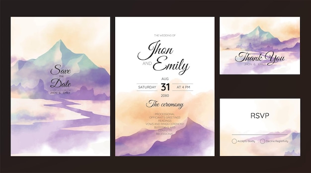 Beautiful mountain landscape watercolor background on wedding invitation