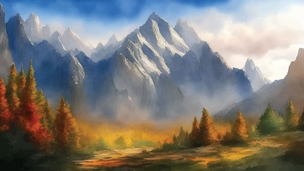 Beautiful Mountains Landscape Watercolor Painting Vector Illustration