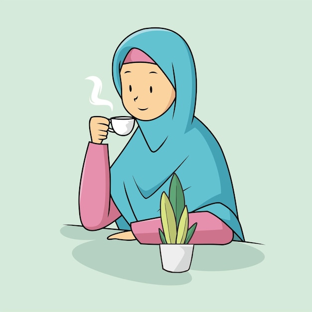 Beautiful Muslim woman in hijab drinking hot coffee