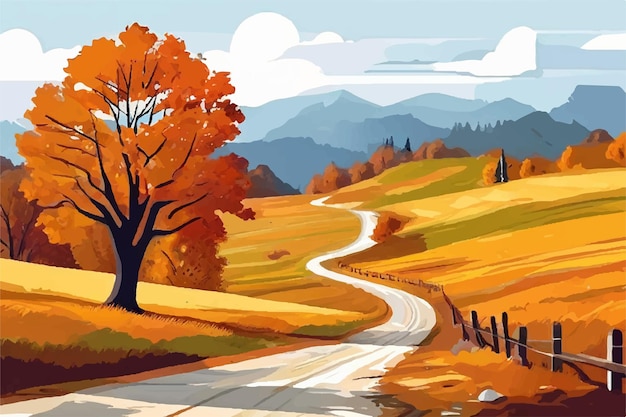 Beautiful Nature Autumn Landscape Road through Beautiful Autumn Landscape Vector Illustration