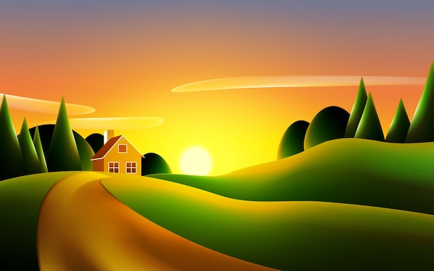 Vector beautiful nature landscape background with sunset in countryside