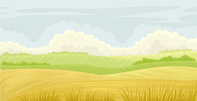 Beautiful nature landscape, meadow on a cloudy blue sky, agriculture and farming  Illustration on a white background