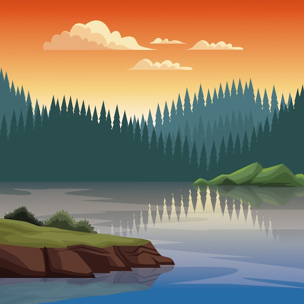 Vector beautiful nature landscape with lake 