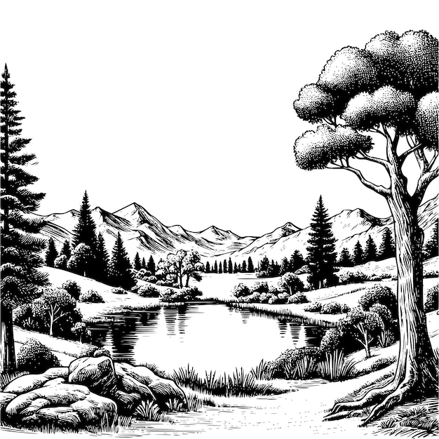 Beautiful Nature Scenery in Black Outline HandDrawn Vector