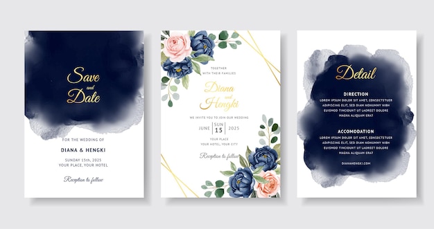 Beautiful navy watercolor on wedding invitation card