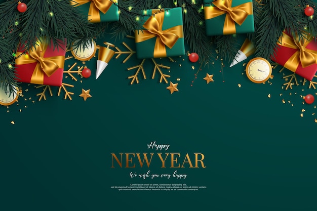 Beautiful new year background with realistic green and red decoration