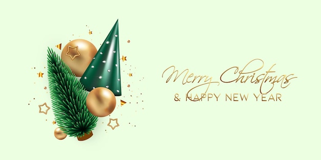 Beautiful New Year or Christmas banner with realistic 3d green cone tree gold christmas balls star