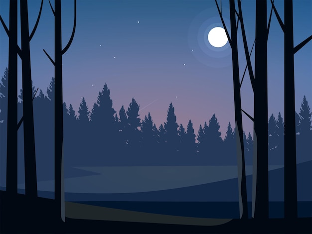 Vector beautiful night in forest with moonlight