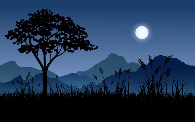 Beautiful night scenery with moon, mountain and tree silhouette