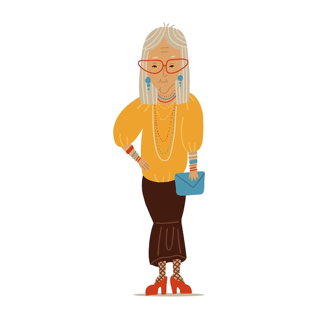 Beautiful old woman in elegant trendy clothes senior female cartoon