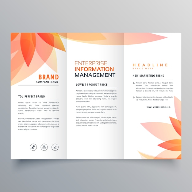 beautiful orange leaf tri fold business brochure vector design