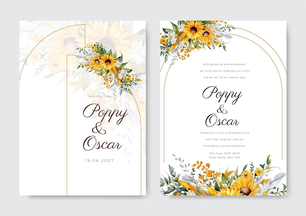 Beautiful orange sunflower floral vector elegant hand drawn floral wedding invitation template