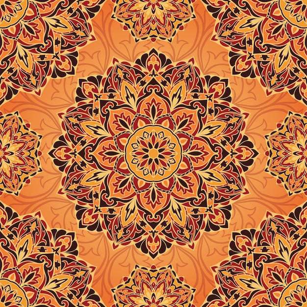 Beautiful ornament with saturated colors Seamless orange pattern Vector design of mandalas