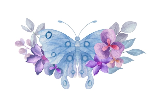 Beautiful ornamental watercolor butterfly with floral elements