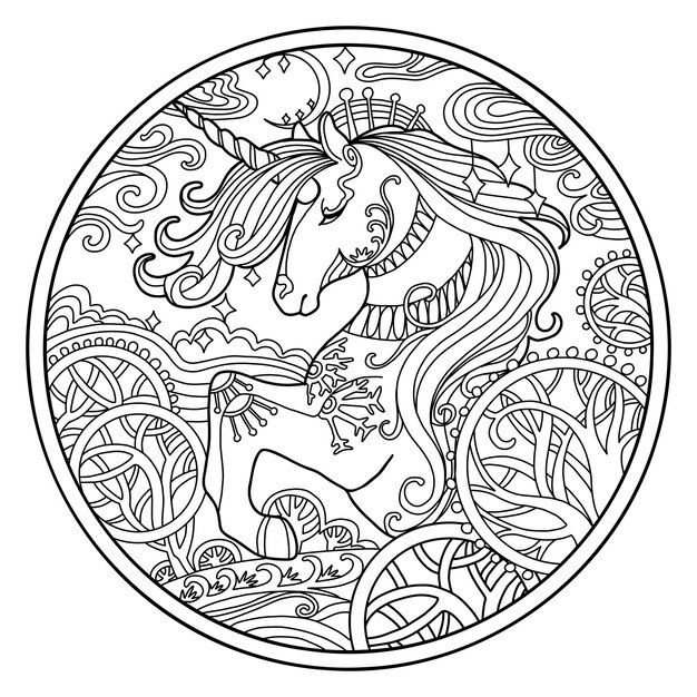 Beautiful ornate unicorn head coloring vector illustration circle