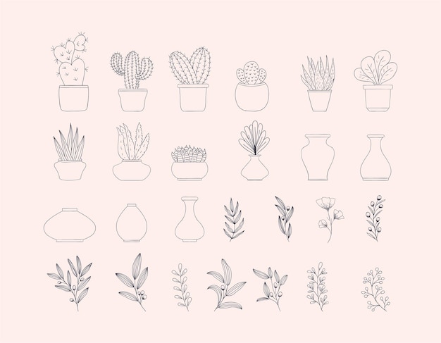 Beautiful outlined cactus houseplant, pots and botanics collection template