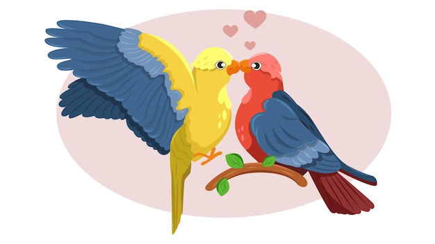 Vector beautiful pair of parrots in love in cartoon style vector illustration with a yellow parrot kissing a red parrot sitting on a branch with green leaves and hearts isolated on a white background