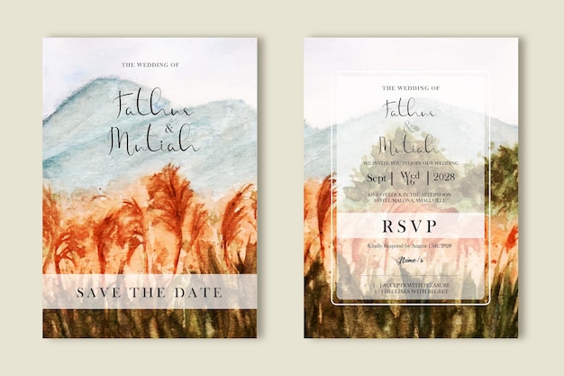 a beautiful pampas grass field view wedding invitation template design