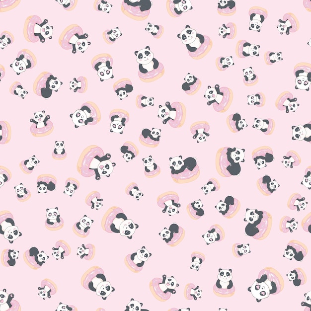 Beautiful panda holding a donut seamless pattern on a white background