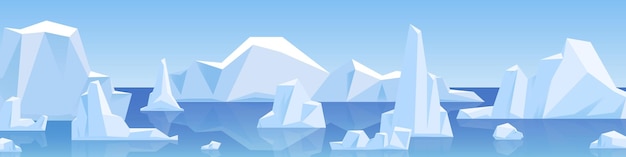 Vector beautiful panorama with natural arctic glacier and floating iceberg vector flat illustration. panoramic landscape of north sea or arctic ocean snow mountains. frozen nature of antarctica.