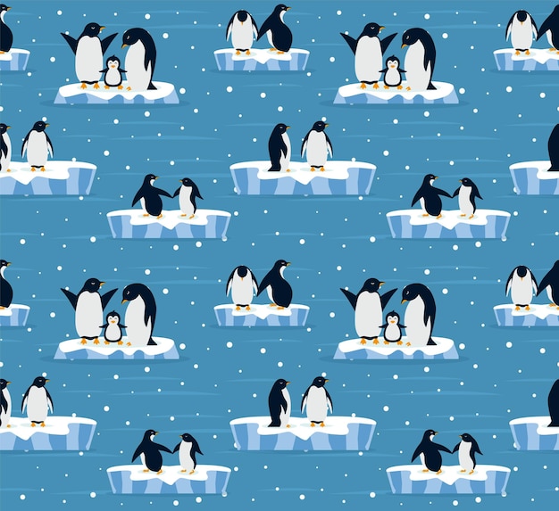 Beautiful panorama with natural arctic glacier and with group penguin Panoramic landscape of north sea or arctic ocean snow mountains Seamless pattern