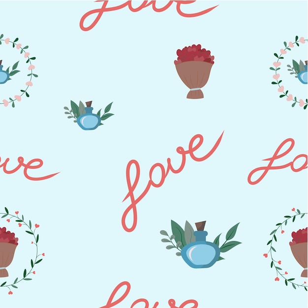 Beautiful pattern on light blue background Inscription of word love bouquet of roses twigs of green leaves bottle of elixir Holidays vector content for your brand