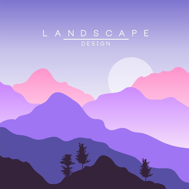 Beautiful peaceful landscape in purple colors, nature background for banner, flyer, poster and cover, vector ilustration, web design