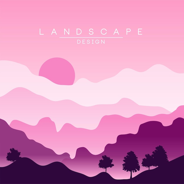 Beautiful peaceful landscape, purple mountain ranges at sunset, nature background for banner, flyer, poster and cover, vector ilustration, web design