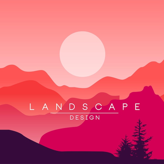 Beautiful peaceful mountain landscape, red and pink mountain ranges at sunset, nature background for banner, flyer, poster and cover, vector ilustration, web design