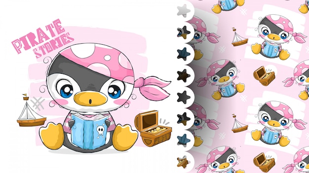 Beautiful penguin reading book with pirate clothes