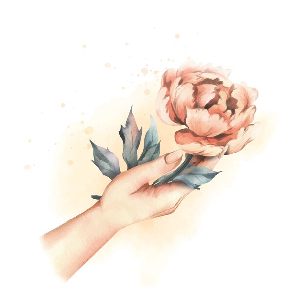 Beautiful peonies in peach fuzz color with leaves in female hands hand drawn watercolor illustration