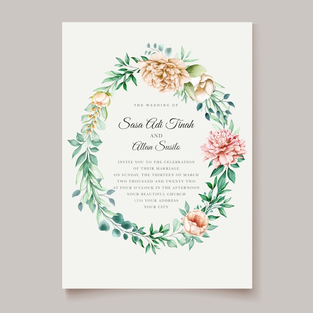 Beautiful peony blooming flower watercolor wedding cards template