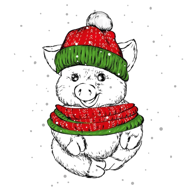 Beautiful pig in Christmas hat New Year holiday and Santa Claus