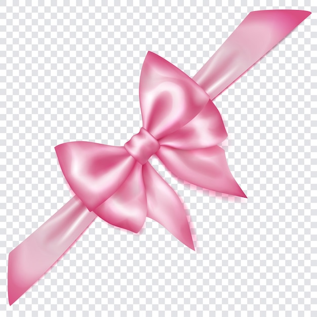 Beautiful pink bow with diagonally ribbon with shadow on transparent background