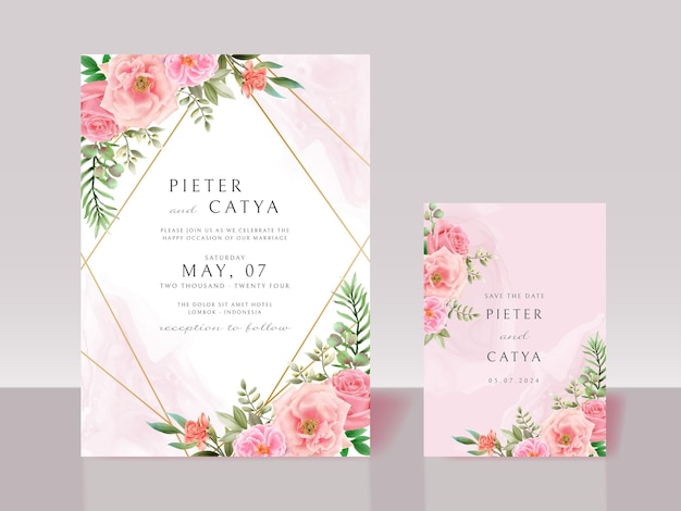 Beautiful pink floral watercolor wedding invitation cards