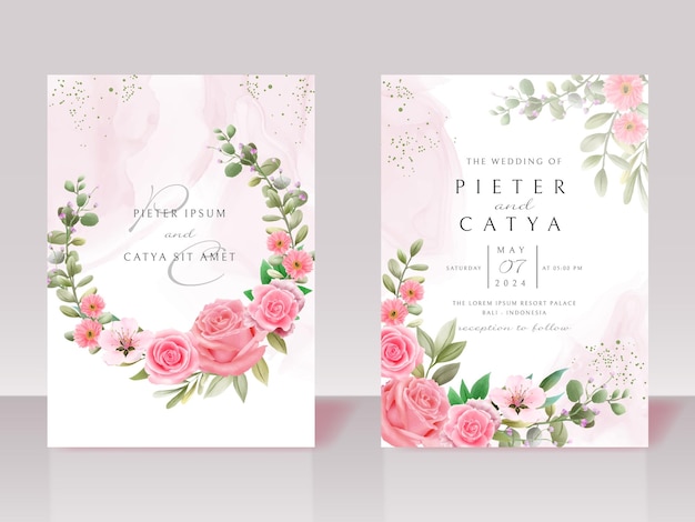 Beautiful pink floral watercolor wedding invitation cards