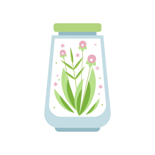 Beautiful pink flowers with green leaves inside glass florarium vase with lid. Gentle plant in transparent jar. Graphic design for home decor, postcard or print. Flat vector icon isolated on white.