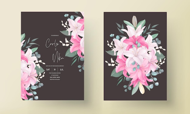 Beautiful pink lily flower wedding invitation card